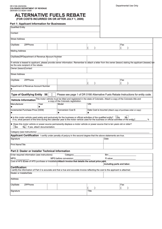 Form Dr 0168 - Alternative Fuels Rebate - 2009 Printable pdf