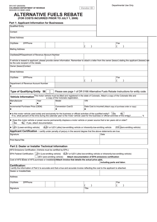 Form Dr 0167 - Alternative Fuels Rebate - 2009 Printable pdf