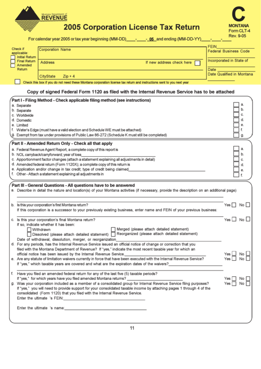 Fillable Form Clt-4 2005 Corporation License Tax Return - Montana Printable pdf
