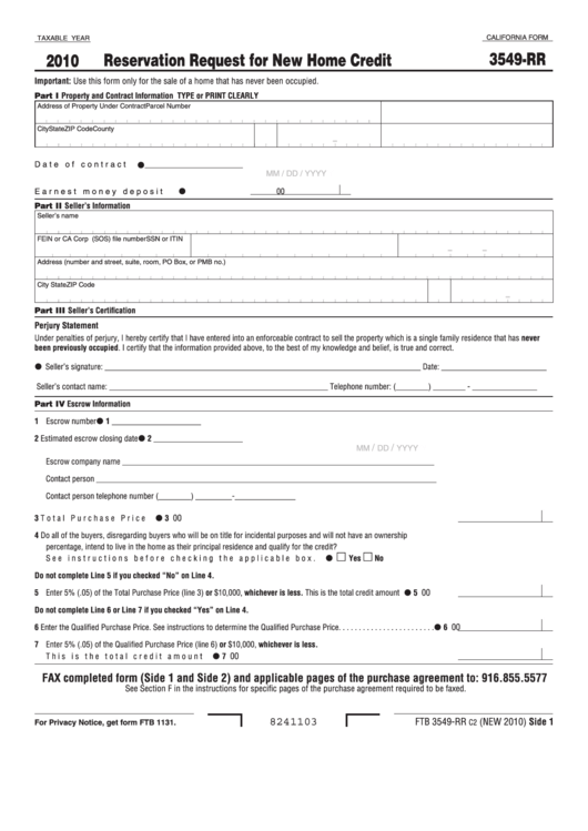 Fillable Form 3549-Rr - Reservation Request For New Home Credit - 2010 Printable pdf