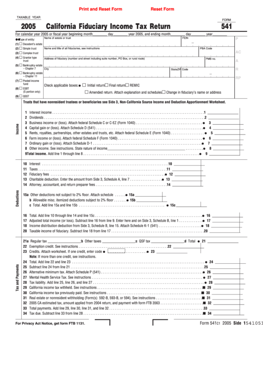 Fillable Form 541 - California Fiduciary Income Tax Return - 2005 Printable pdf