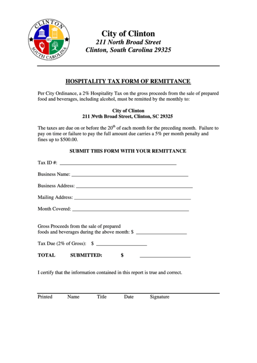 Hospitality Tax Form Of Remittance Form - City Of Clinton Printable pdf