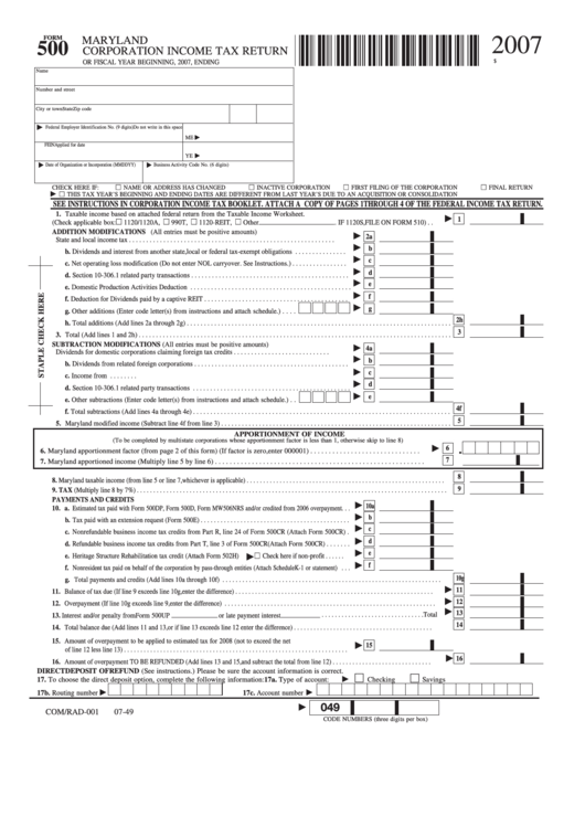 Fillable Form 500 - Maryland Corporation Income Tax Return - 2007 Printable pdf