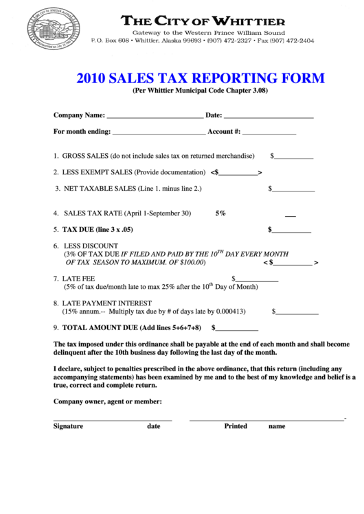 2010 Sales Tax Reporting Form - The City Of Whittier Printable pdf