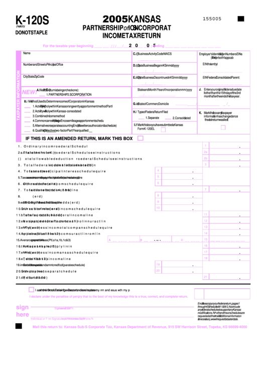 Form K-120s Partnership Of S Corporation Income Tax Return 2005 Kansas Printable pdf