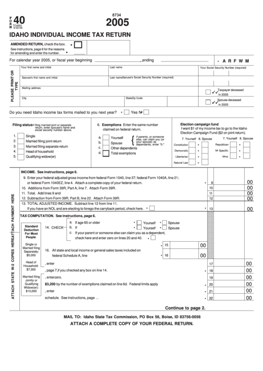 Form 40 - Idaho Individual Income Tax Return - 2005 Printable pdf