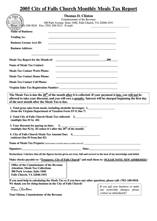 2005 City Of Falls Church Monthly Meals Tax Report Form Printable pdf