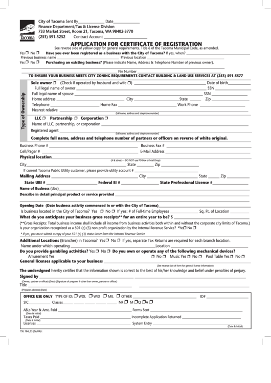Application For Certificate Of Registration Form - City Of Tacoma Printable pdf