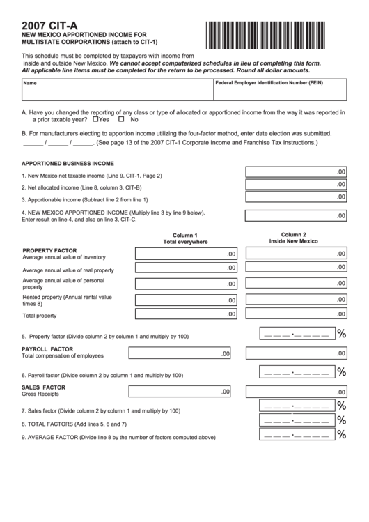 Form Cit-A - Cit-B - Cit-C - Cit-D - New Mexico Apportioned Income For Multistate Corporations - 2007 Printable pdf