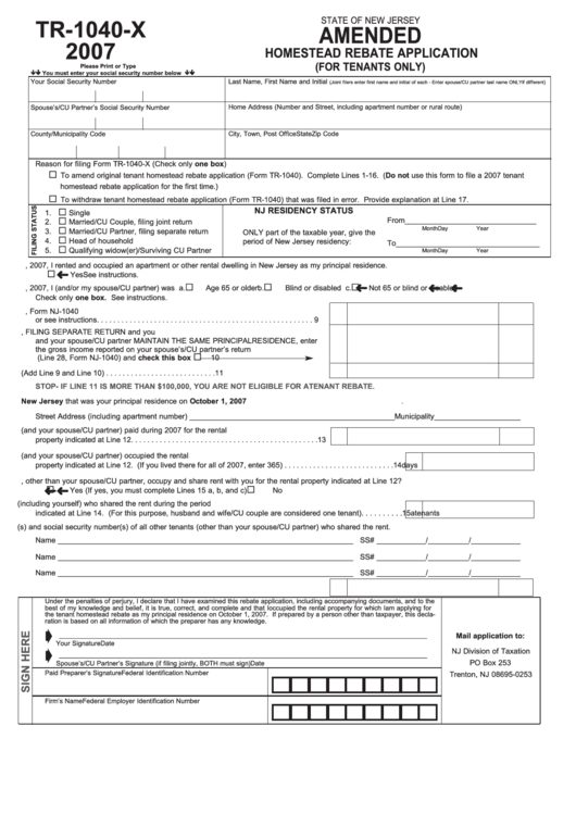 Fillable Form Tr-1040-X Amended Homestead Rebate Application (For Tenants Only) - 2007 Printable pdf