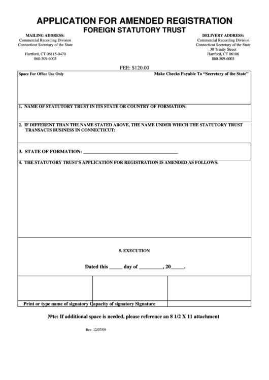 Application For Amended Registration Foreign Statutory Trust Form - 2009 Printable pdf