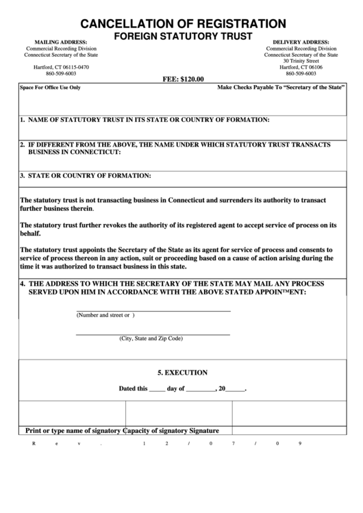 Cancellation Of Registration Foreign Statutory Trust Form - 2009 Printable pdf