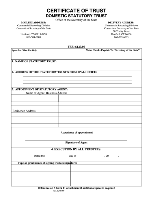 Certificate Of Trust Form - Domestic Statutory Trust Printable pdf
