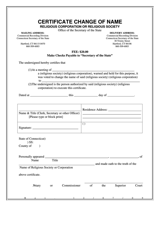 Certificate Change Of Name Religious Corporation Or Religious Society Form - Connecticut Printable pdf