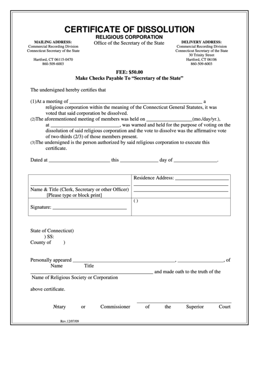 Certificate Of Dissolution Religious Corporation - Connecticut Printable pdf