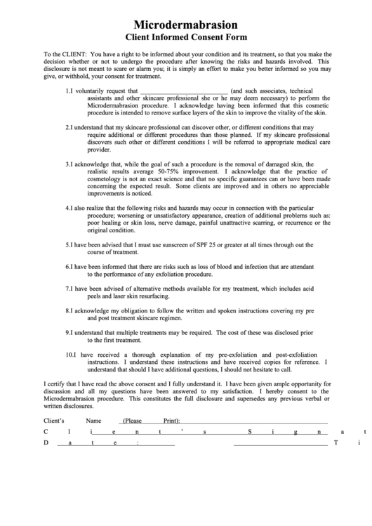 Microdermabrasion Client Informed Consent Form Printable pdf