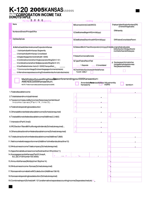 Form K-120 Corporation Income Tax 2005 Kansas Printable pdf