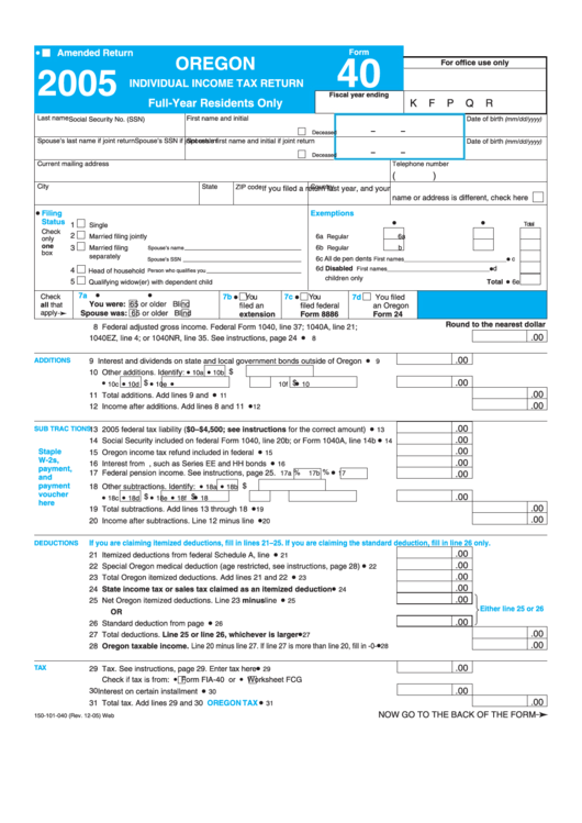 Form 40 - Individual Income Tax Return - 2005 Printable pdf