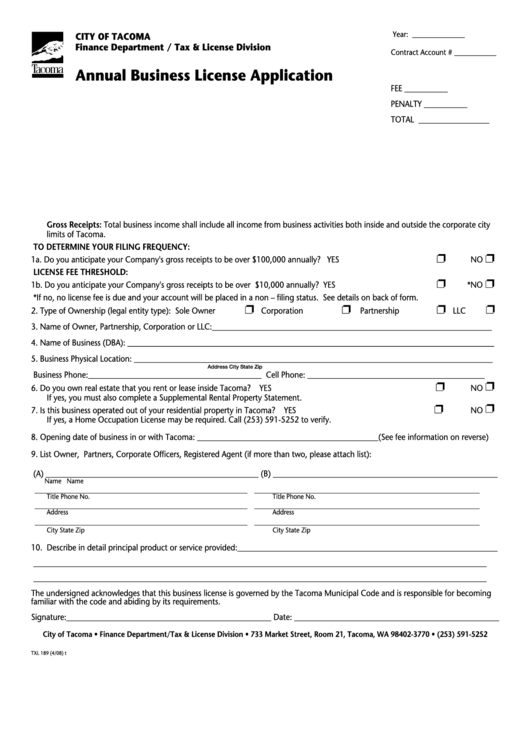 Annual Business License Application Form - City Of Tacoma Printable pdf