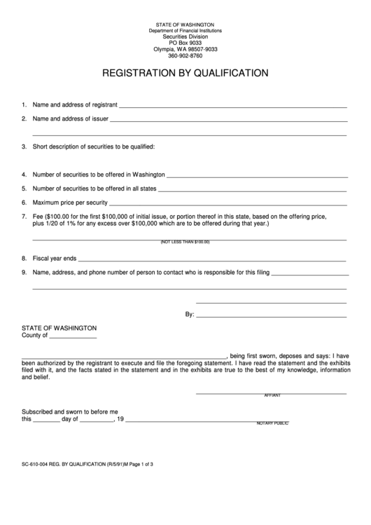 Fillable Registration By Qualification Form - Washington Department Of Financial Institutions Printable pdf