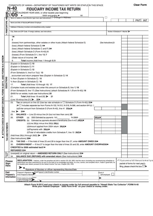 Fillable Form N-40 - Fiduciary Income Tax Return - 2005 Printable pdf
