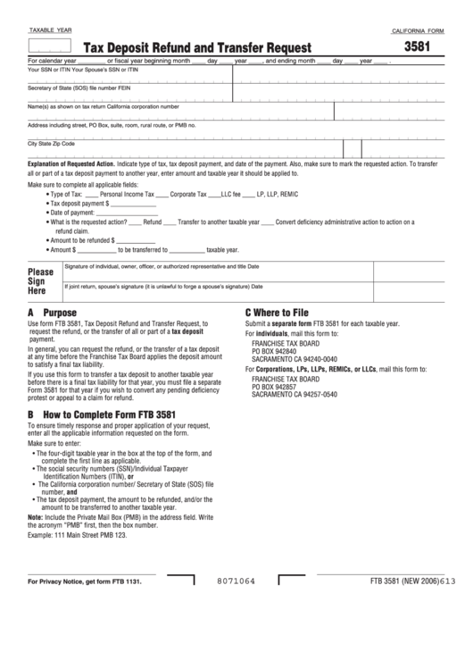 California Form 3581 - Tax Deposit Refund And Transfer Request - 2006 Printable pdf