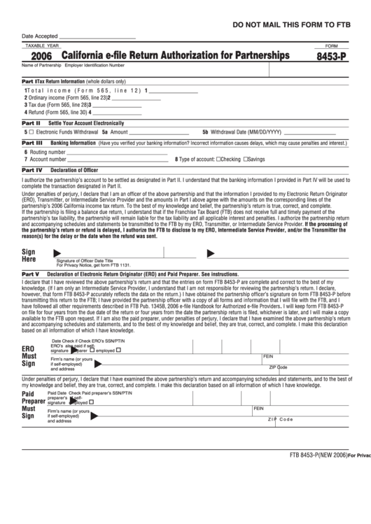 Form 8453-P - California E-File Return Authorization For Partnerships - 2006 Printable pdf