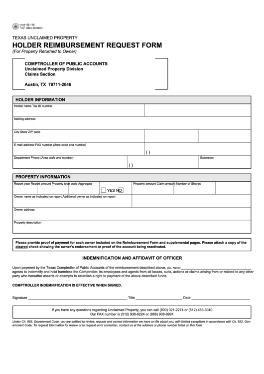 Fillable Form 53-115 - Holder Reimbursement Request Form Printable pdf