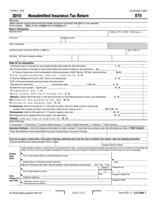 Fillable California Form 570 - Nonadmitted Insurance Tax Return - 2010 Printable pdf