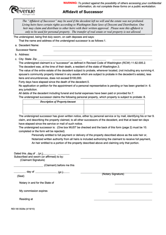 Fillable Form Rev 80 0029e - Affidavit Of Successor Printable pdf