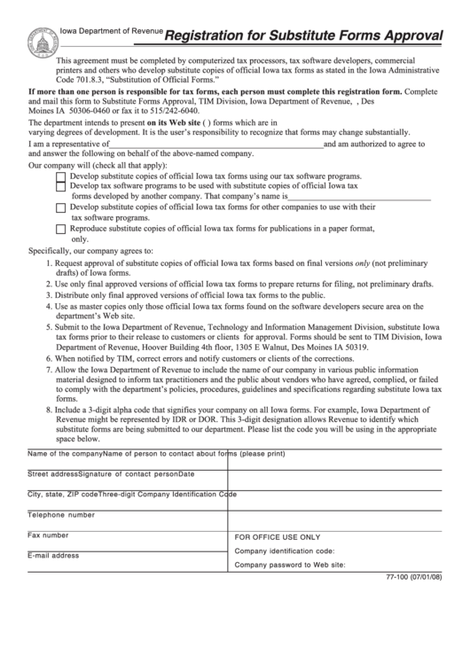Form 77-100 - Registration For Substitute Forms Approval Form - Iowa Printable pdf