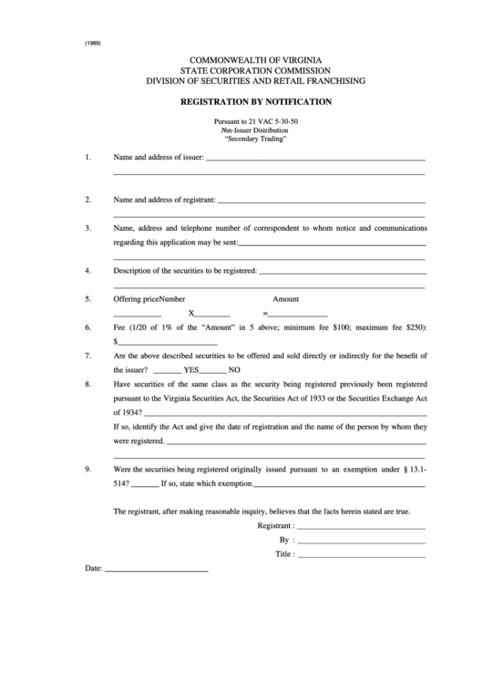 Registration By Notification Non-Issuer Distribution "Secondary Trading" Form - Commonwealth Of Virginia Printable pdf