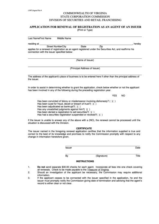 Application For Renewal Of Registration As An Agent Of An Issuer Printable pdf