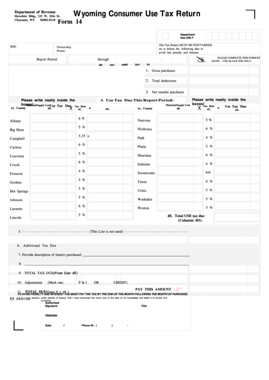 Form 14 - Wyoming Consumer Use Tax Return 2006 Printable pdf