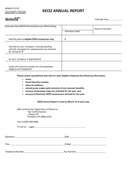 42a816 12/07 - Keoz Annual Report Form - Kentucky Department Of Revenue 2007 Printable pdf