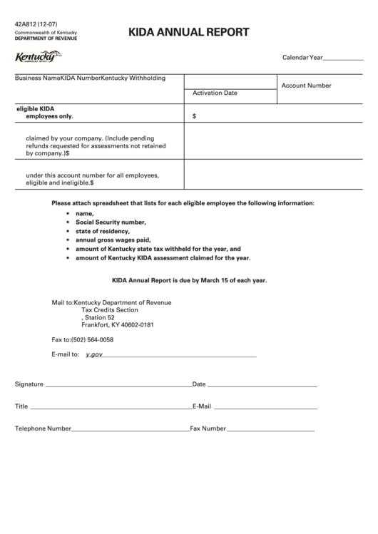 Form 42a812 - Kida Annual Report Form - Kentucky Department Of Revenue 2007 Printable pdf
