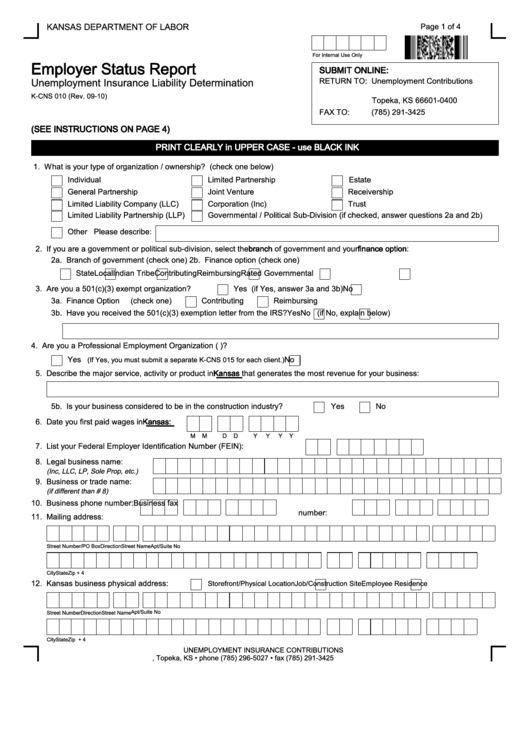 Form K-Cns 010 - Employer Status Report - Kansas Department Of Labor Printable pdf