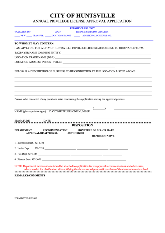 Annual Privilege License Approval Application Form - City Of Huntsville Printable pdf