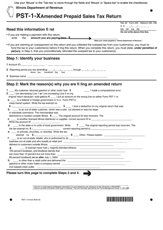 Fillable Form Pst-1-X - Amended Prepaid Sales Tax Return Printable pdf