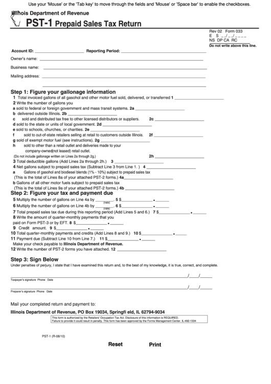 Fillable Pst-1 8/10 - Prepaid Sales Tax Return - Illinois Printable pdf