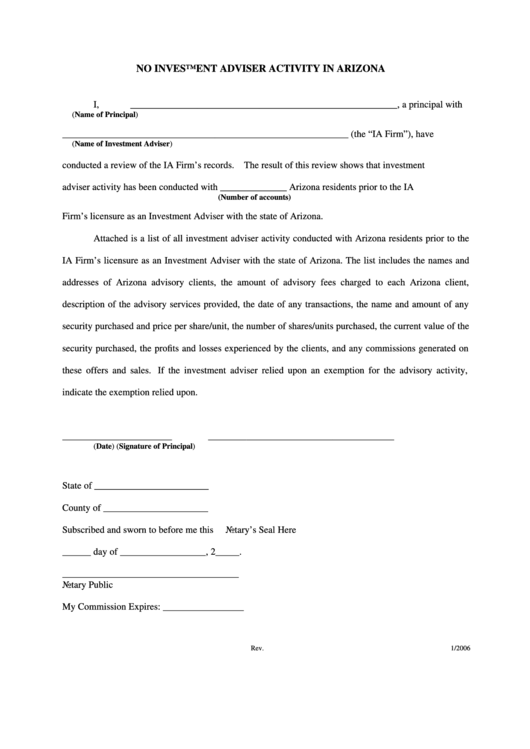 No Investment Adviser Activity In Arizona Form Printable pdf