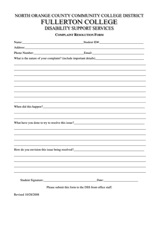 Complaint Resolution Form - North Orange Country Community College District Printable pdf