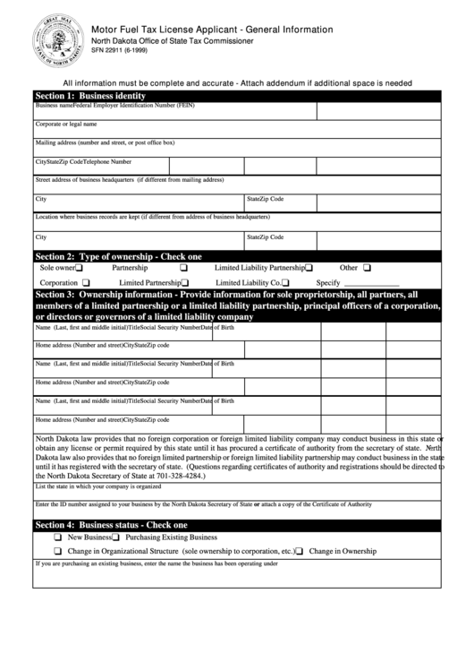 Fillable Motor Fuel Tax License Applicant Form - North Dakota Printable pdf