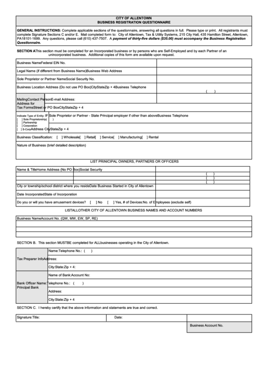 Business Registration Questionnaire Form - City Of Allentown Printable pdf