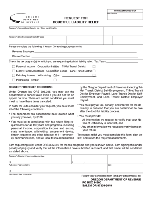Fillable Form 150-101-093 - Request For Doubtful Liability Relief Form - 2004 Printable pdf