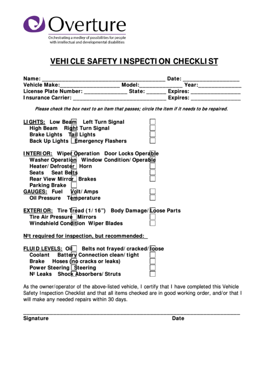 Vehicle Safety Inspection Checklist Form Printable pdf