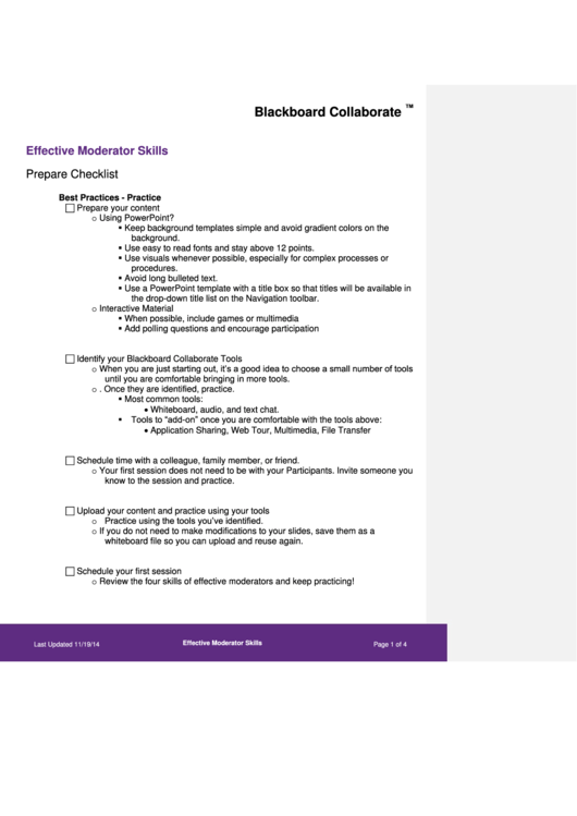 Effective Moderator Skills Prepare Checklist Form Printable pdf