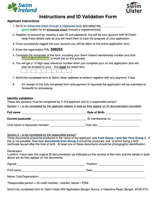 Instructions And Id Validation Form - Ireland Printable pdf