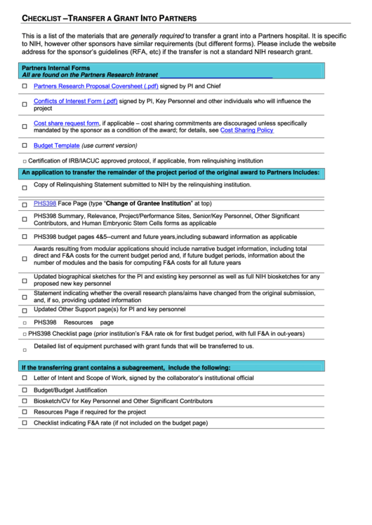 Checklist Form - Transfer A Grant Into Partners Printable pdf