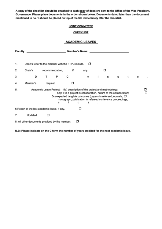 Joint Committee Checklist Form Printable pdf